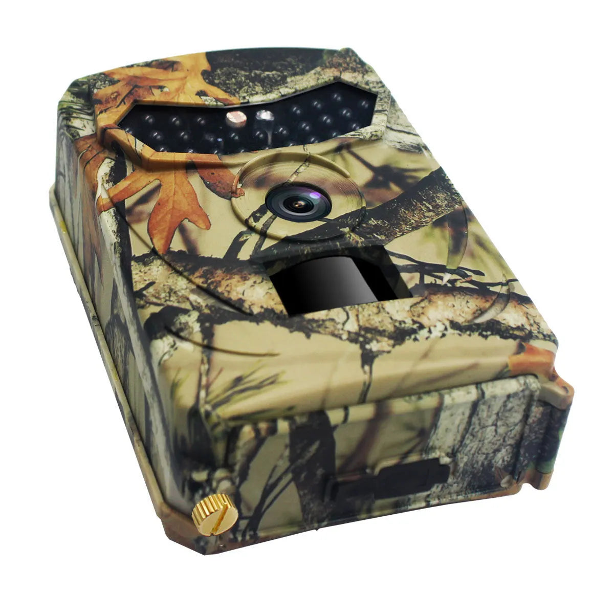 Yellow brown 16MP hunting game camera with infrared LEDs and wide lens for outdoor scouting