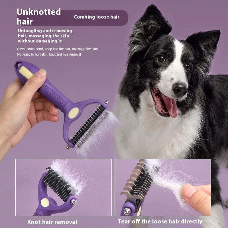 Purple plastic double-sided pet grooming comb for removing tangles and knots