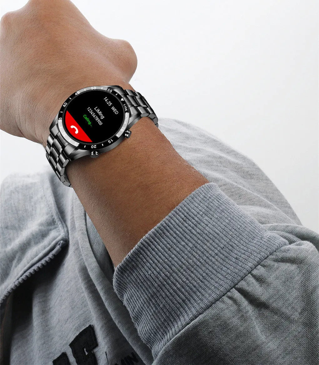 Stainless steel smart watch with 1.3-inch display showing step counting data on wrist