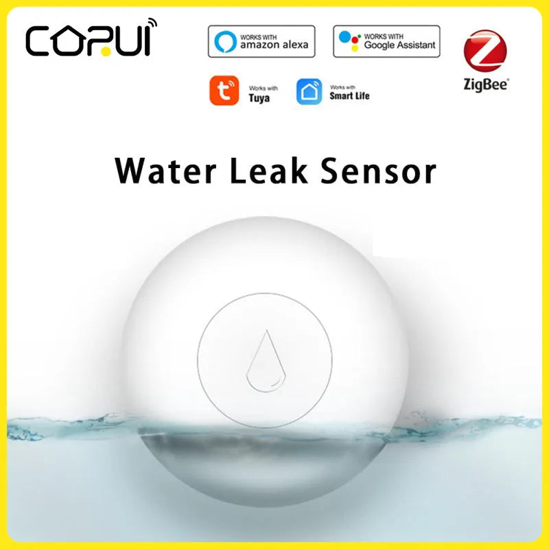 Zigbee wireless smart home water flood sensor with compact white PC housing.