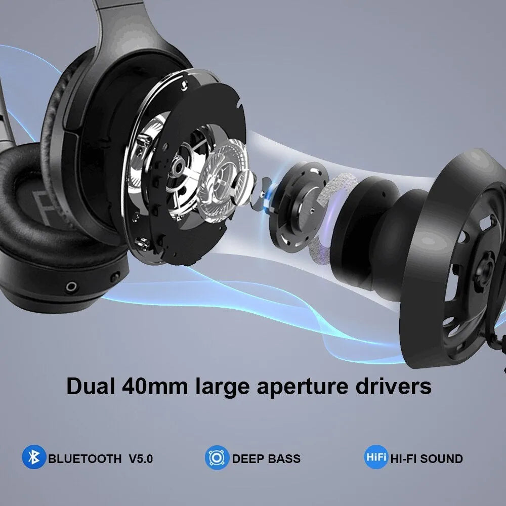 Black Gorsun E98 Bluetooth 5.0 over-ear wireless headset with stainless steel slider and memory protein ear cushions