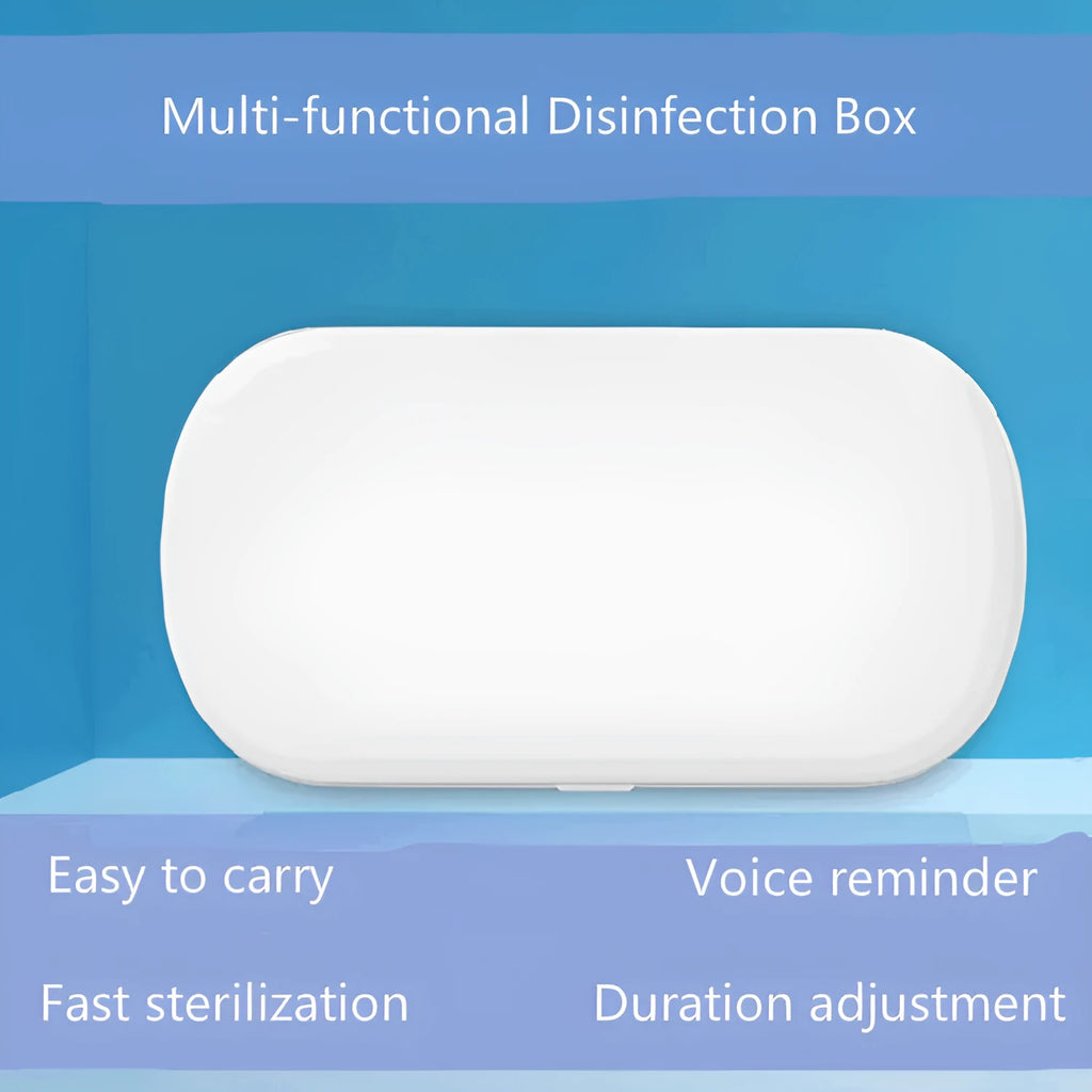 White ABS UV steriliser box with wireless charging for phones and jewellery on a plain background.