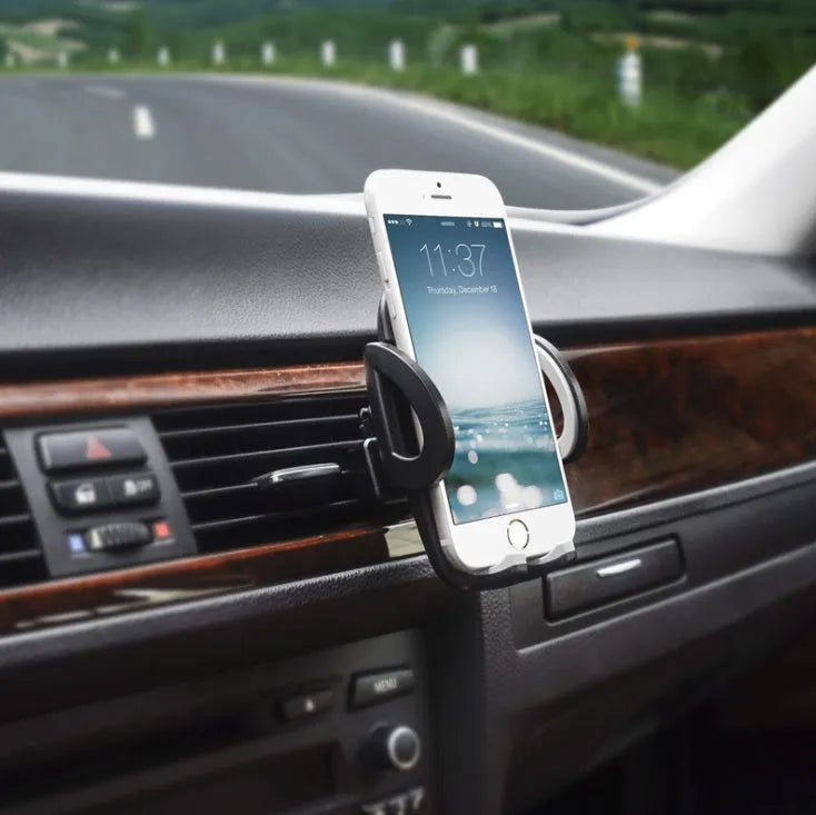 Black plastic car vent mobile phone holder with adjustable arms for universal device compatibility