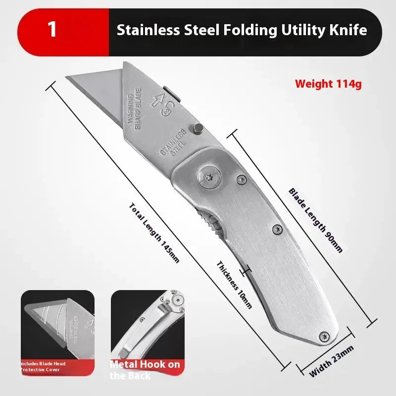 Stainless steel folding utility art knife with black blade and included long and trapezoidal blades