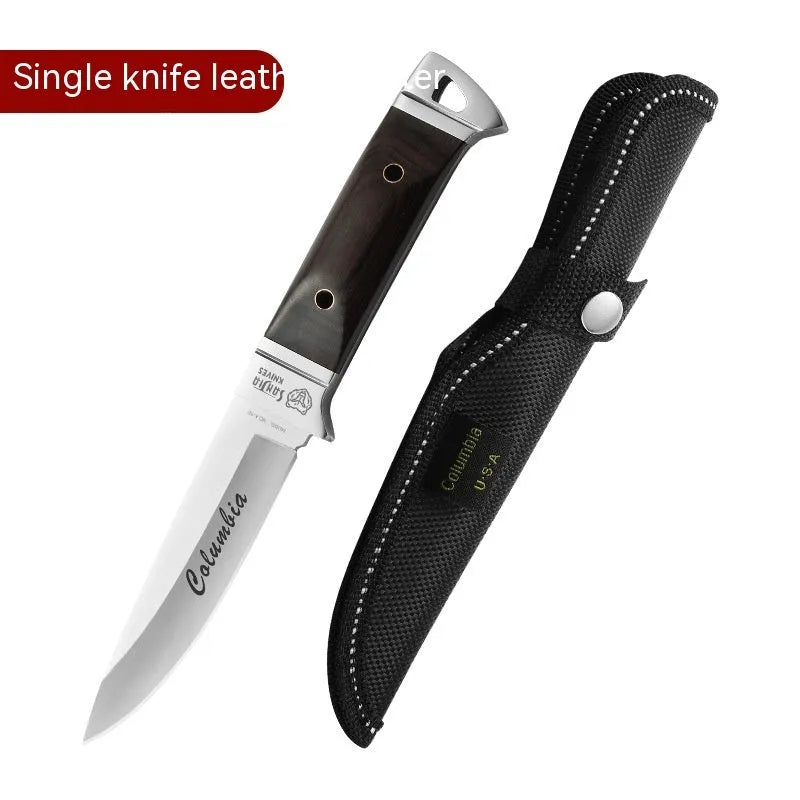 Camping multifunctional portable fruit knife with stainless steel blade in leather case