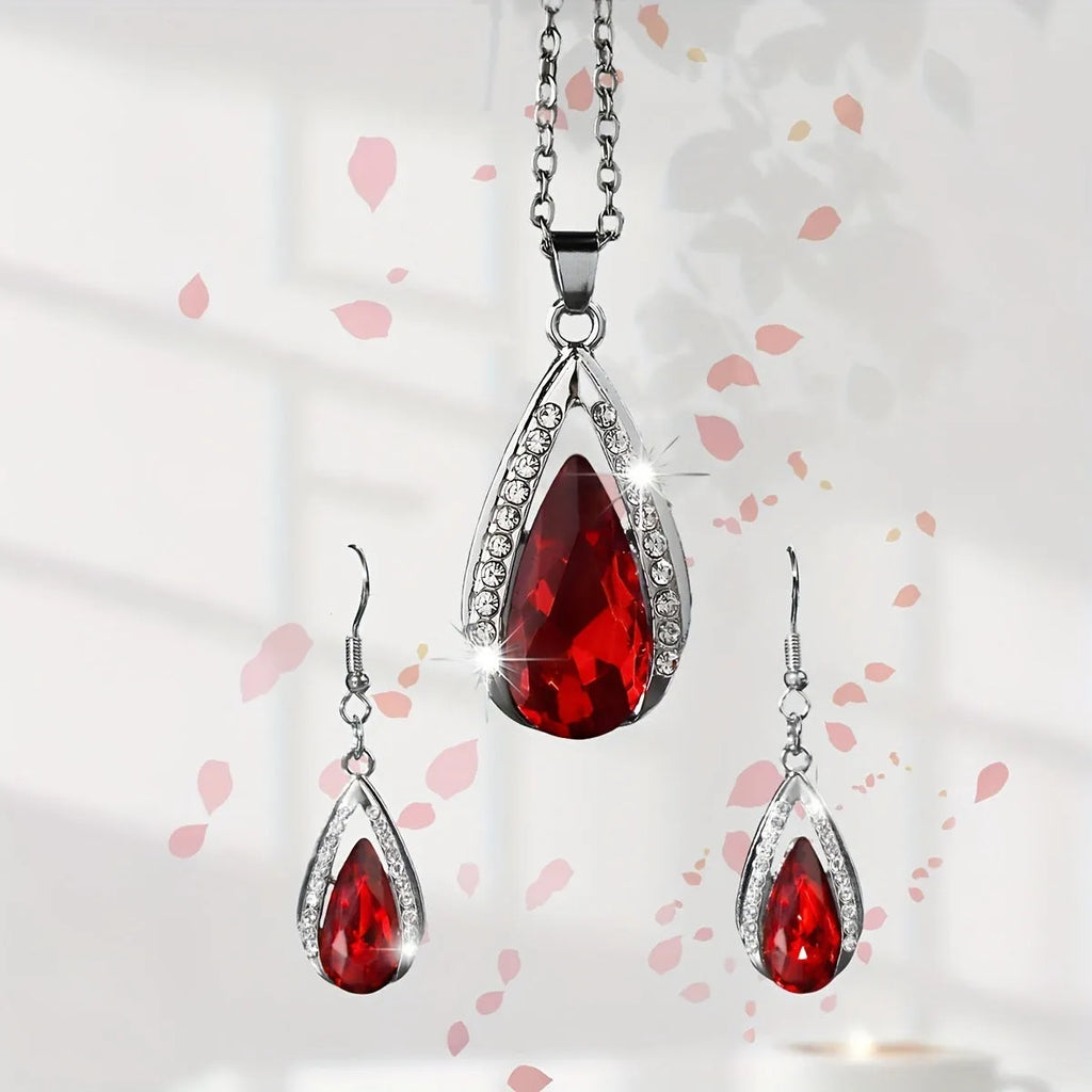 Black and red teardrop glass pendant necklace and earrings jewellery set