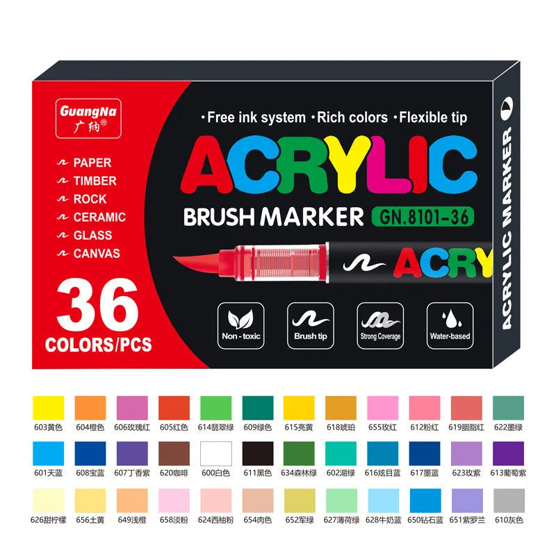 Straight acrylic marker pens with soft tips in multiple colours arranged by set size