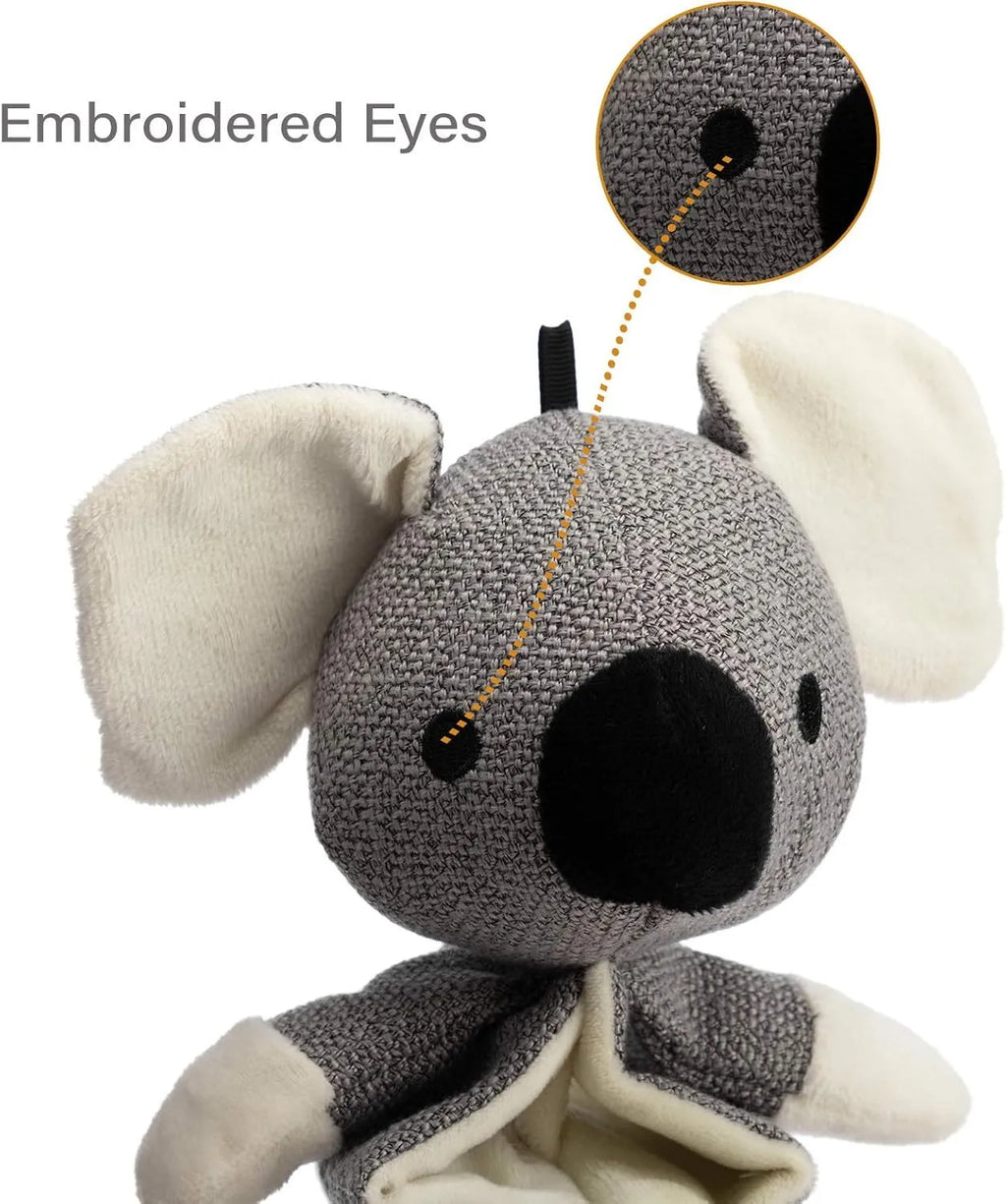 Grey koala squeaky dog toy with crinkle paper, measuring 30cm from head to foot