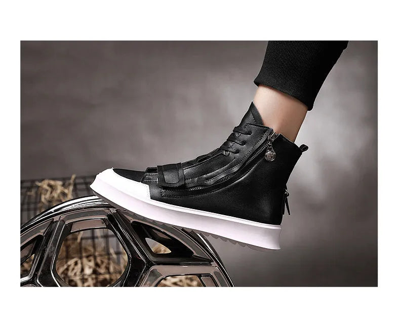 Men's black PU leather ankle boots with high-top sneaker design and microfiber upper
