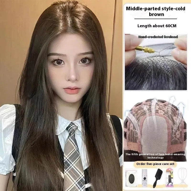 Forehead lace long straight black wig with side bangs in high temperature fibre material