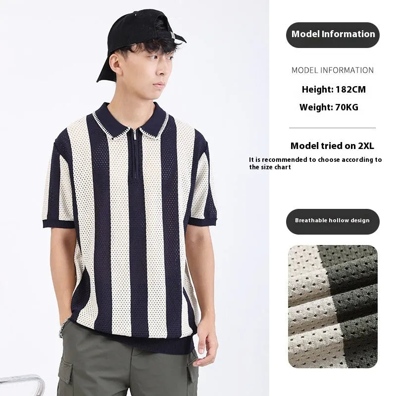 Men's short sleeve striped sweater in ice silk viscose with a decorative zipper.