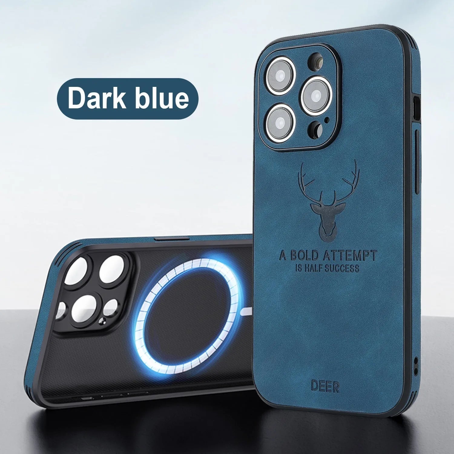 iPhone 16 magnetic charging case with embossed moose head design in imitation leather material, showing front and back views