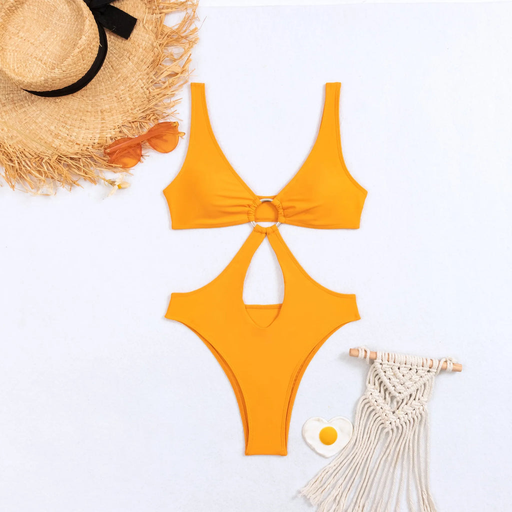 Women's black triangle one-piece nylon swimsuit with sleeveless design