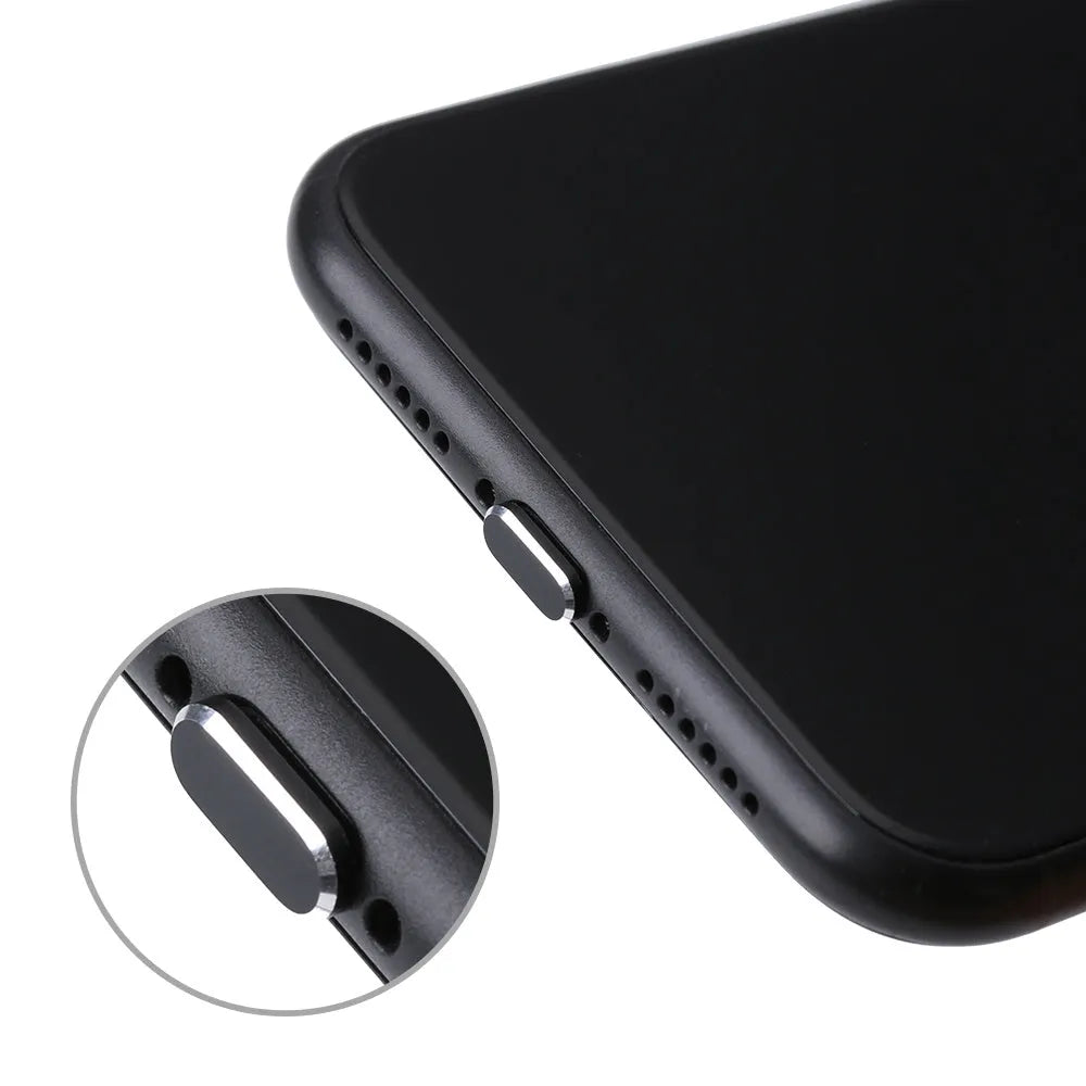 Aluminium alloy charging port dust plug for iPhone in various colours including gold, silver, blue, and rose gold.
