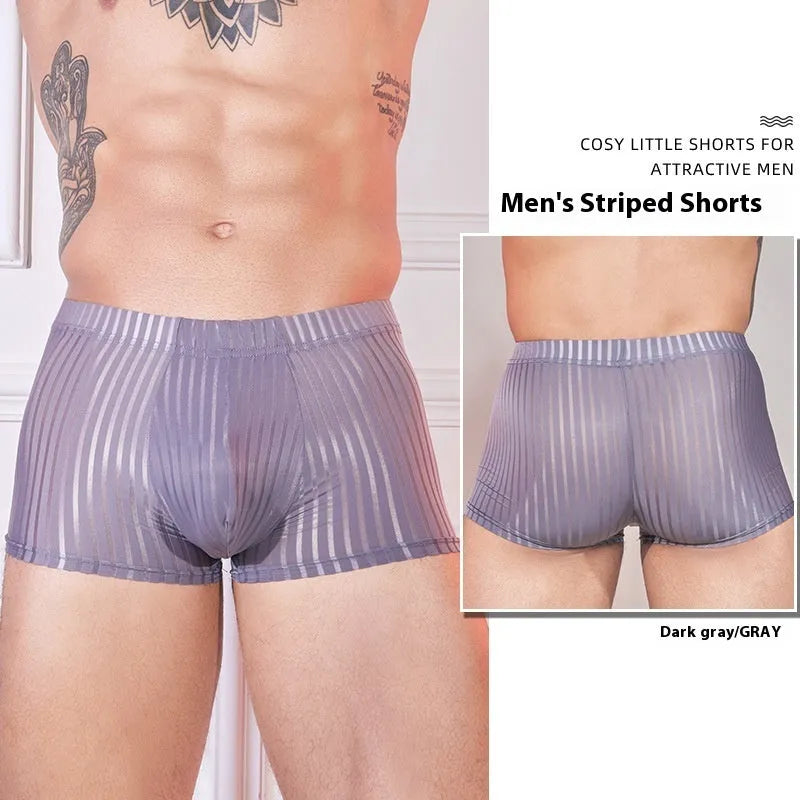Men's black striped nylon underwear laid flat, showing thin transparent fabric and free-size fit.