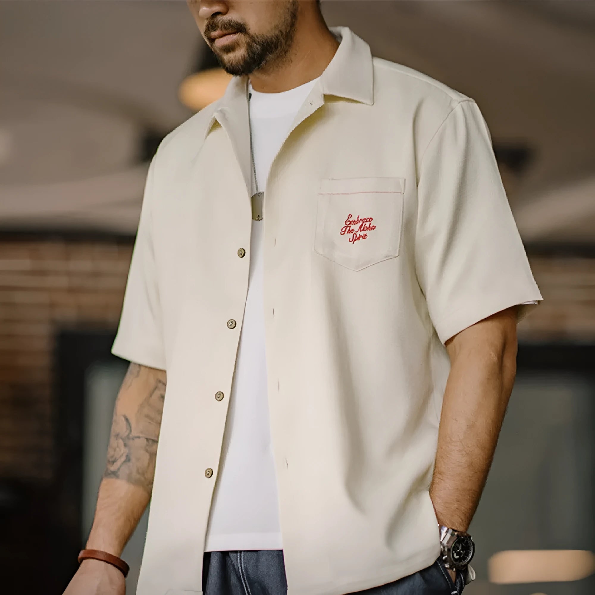 Men's light apricot bamboo pattern Cuban collar shirt with short sleeves
