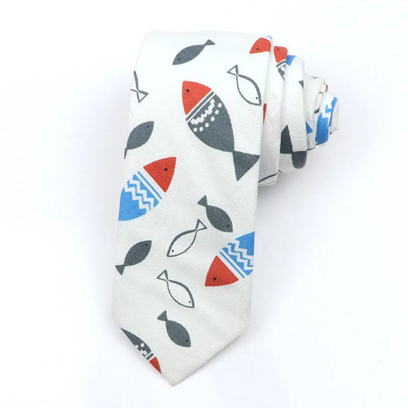 Narrow Korean style cotton bow tie with cartoon print pattern in various colour options