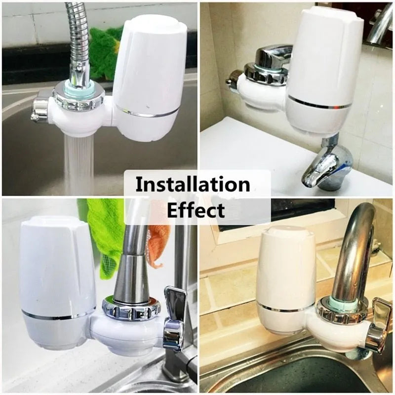 White plastic faucet-mounted water filter with ceramic cartridge and tap adapters