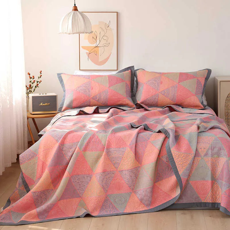 Cotton gauze bed blanket set with floral botanical pattern and two matching pillowcases