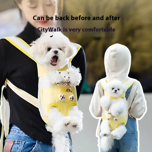Canvas cat carrier bag with yellow bear cartoon pattern and colourful stitching in S, M, L, XL sizes