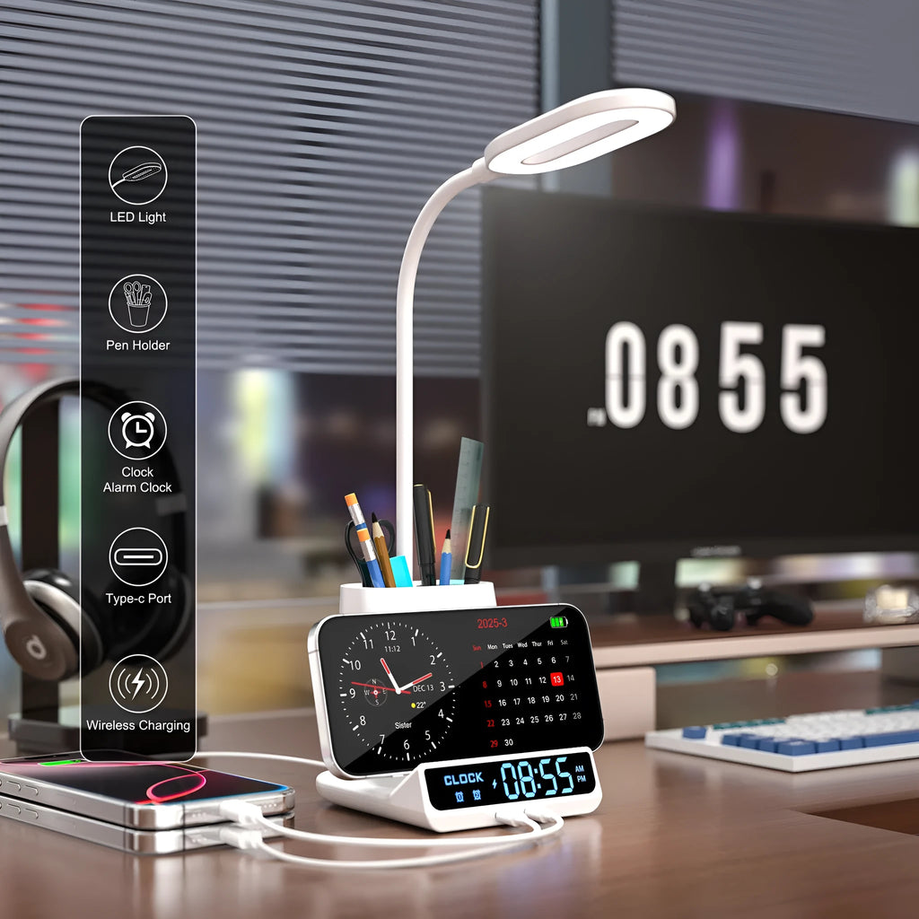 Modern desk lamp with wireless charging surface and integrated pen holder storage compartment