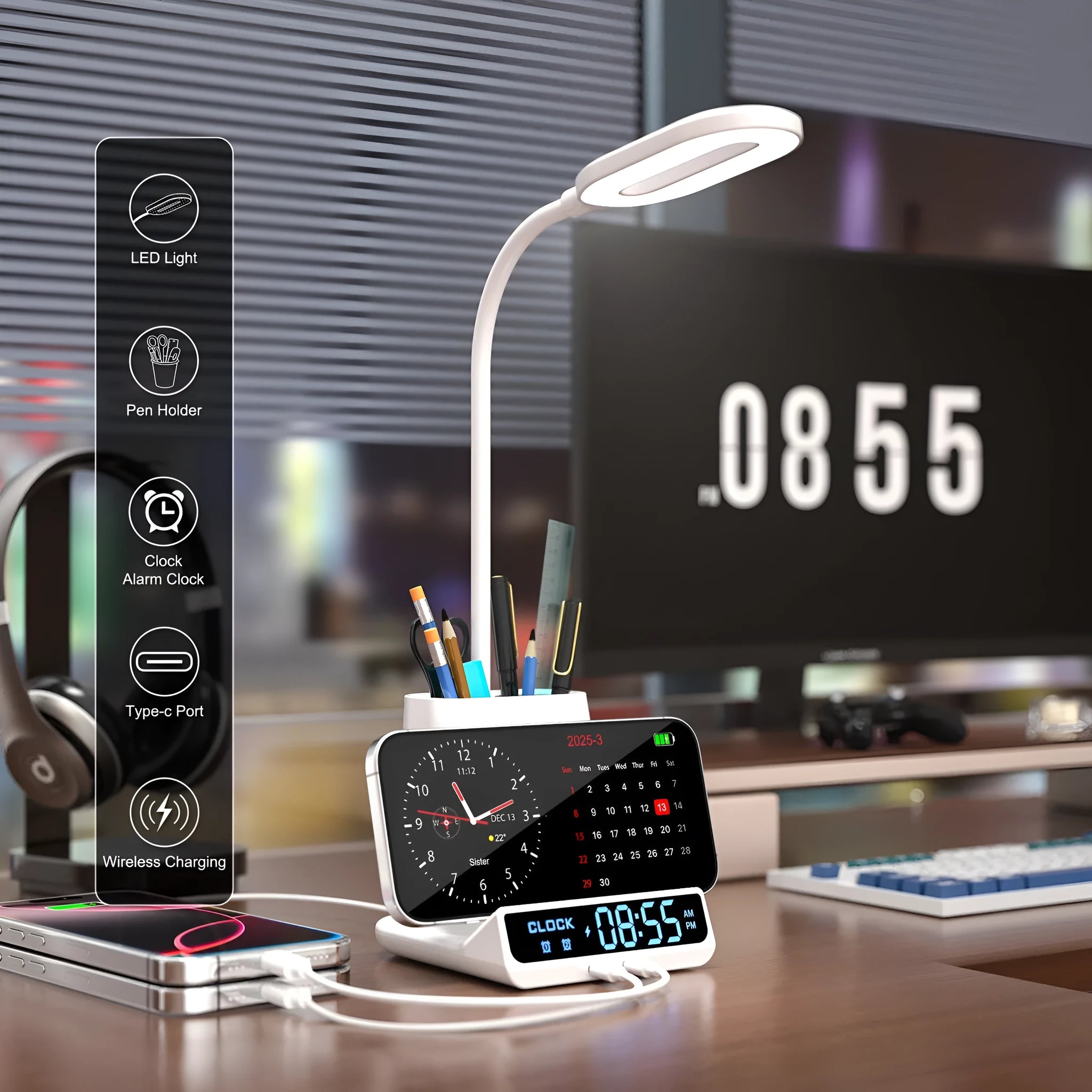 Modern desk lamp with wireless charging surface and integrated pen holder storage compartment