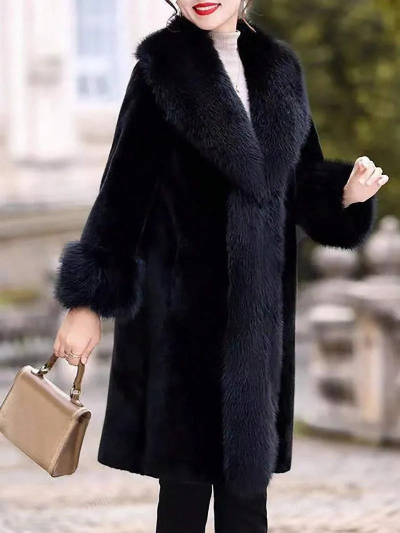 Women's thick artificial fur coat in mid-length 80cm design with matching fur collar