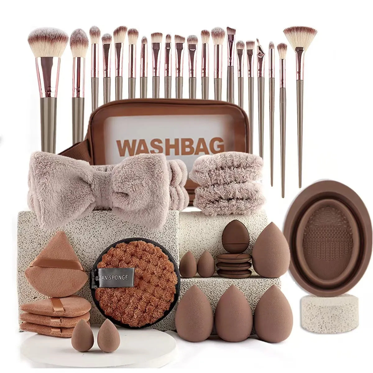 Beauty tools combination suit for face wash and makeup in brown, pink, purple colours