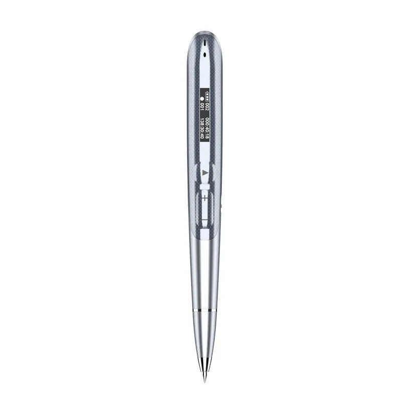 Black and silver recording pens with display screens, showing capacity options and included headphones and cable.