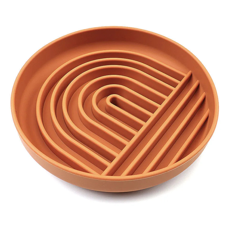 Silicone slow feeder dog bowl with textured ridges, shown in mustard green colour