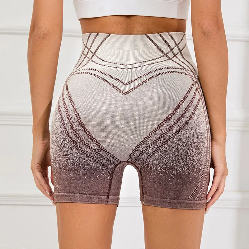 Women's high-waisted gradient fitness shorts in brown colour for yoga and running