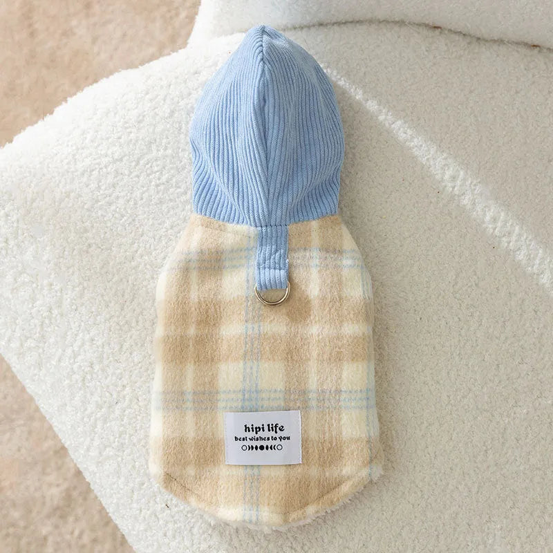Blue corduroy dog vest with chessboard grid pattern and hooded design for winter walks