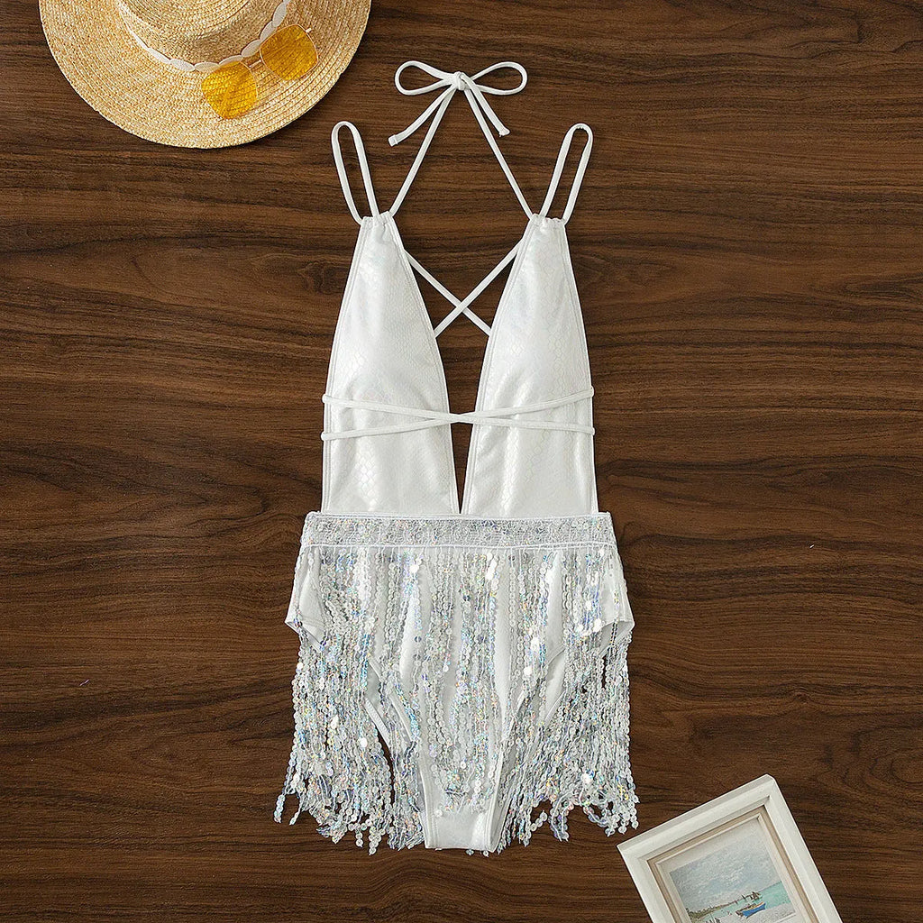White deep V-neck one-piece swimsuit with tassel detail, sleeveless swim dress