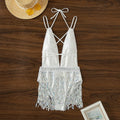 White deep V-neck one-piece swimsuit with tassel detail, sleeveless swim dress
