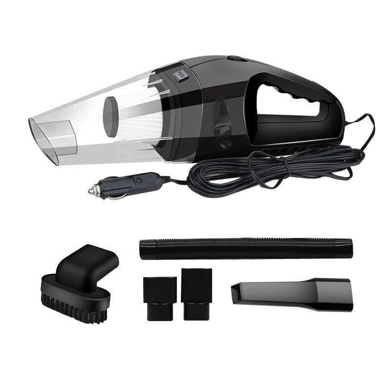 Orange, black, and blue portable handheld 12V car vacuum cleaner with nozzle attachments.