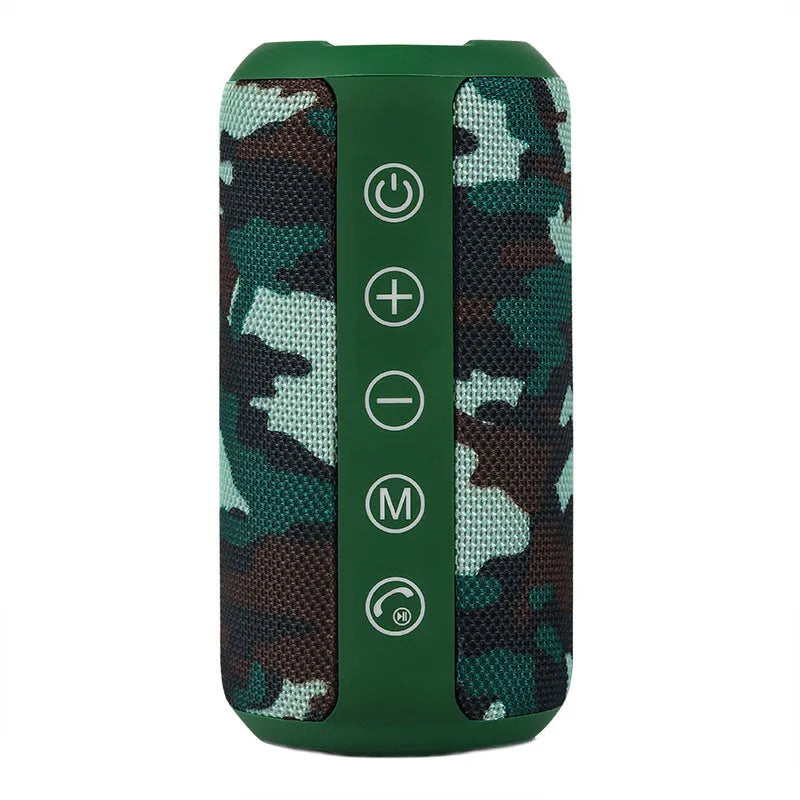 Waterproof outdoor Bluetooth speaker in black, camouflage, grey, or red colour options.