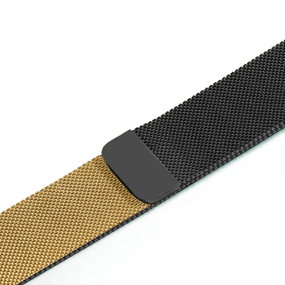 Stainless steel watch strap showing silver, black, gold, and rose gold colour options