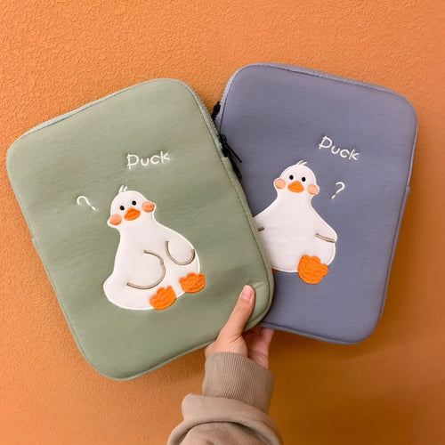 Cotton tablet case with embroidered cartoon duck design and zipper closure