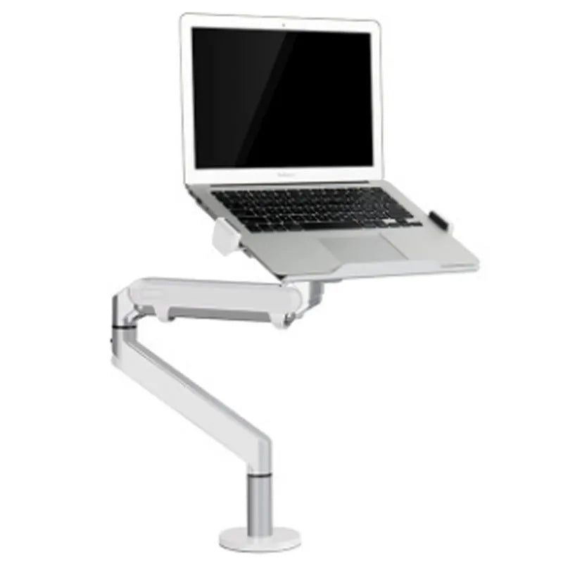 Silver aluminium alloy laptop stand with air pressure arm bracket on desktop
