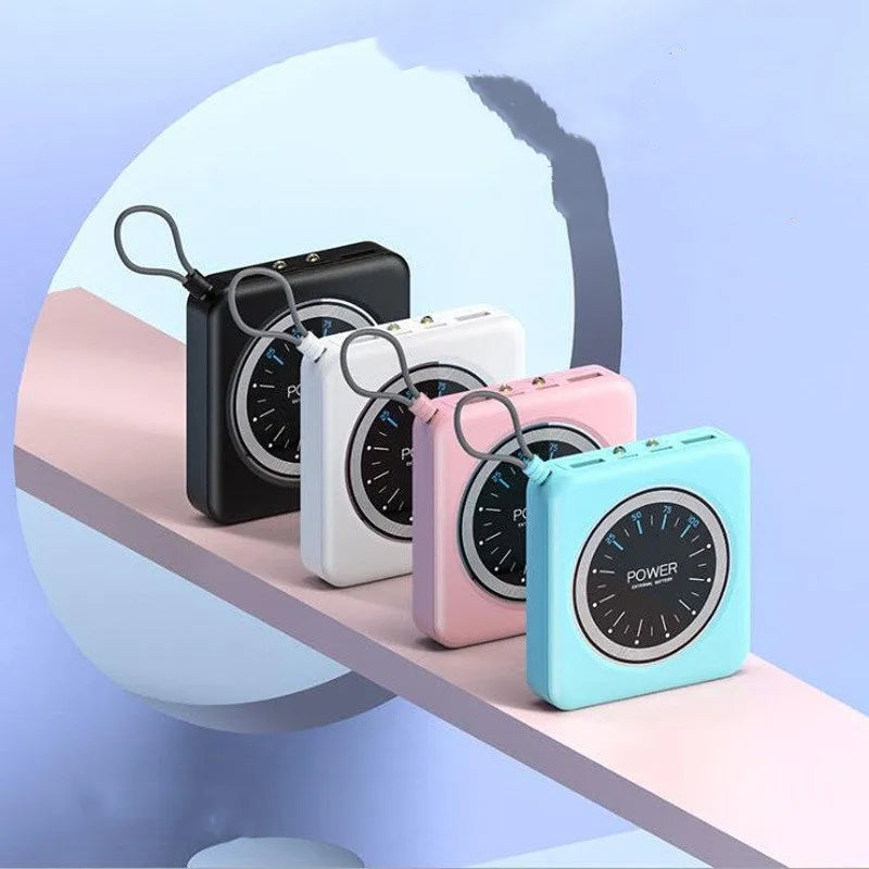 Mini clock charger power bank with digital display in alloy case showing multi-USB ports
