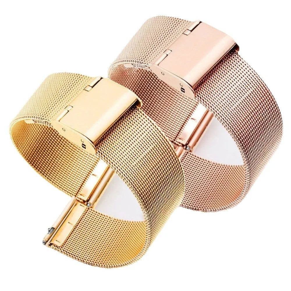 Milani silk woven stainless steel watch band in silver, black, rose gold and gold colours showing texture.