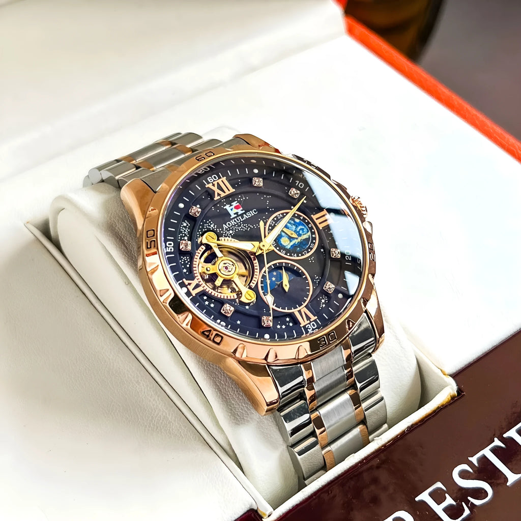 Automatic mechanical men's watch with large black dial and rose gold case, showing skeleton back.