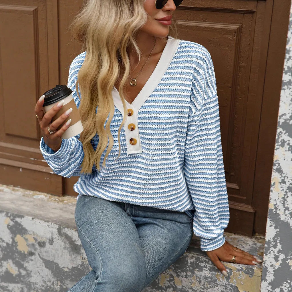 Women's V-neck patchwork pullover top in polyester with long sleeves and loose fit