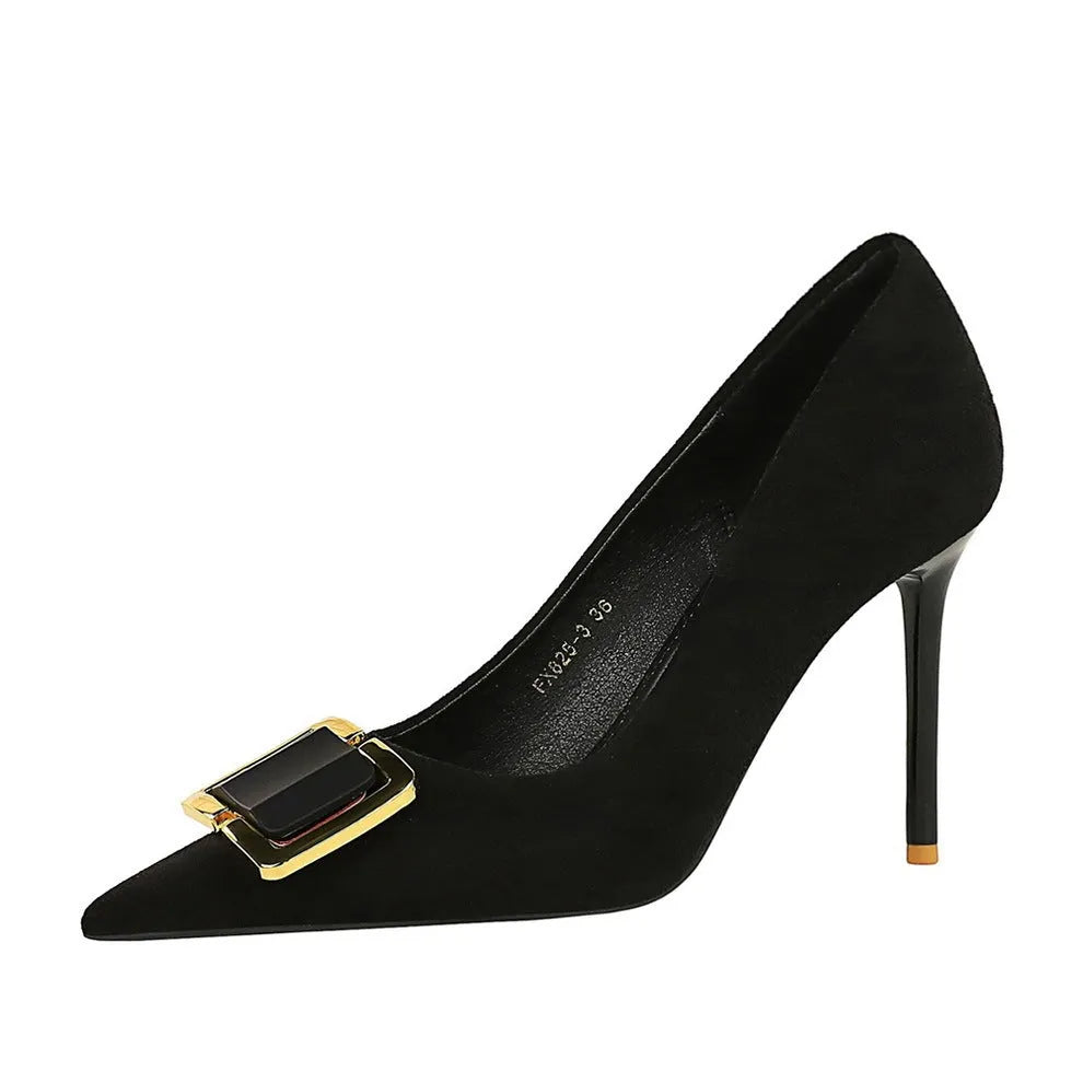 Black suede women's stiletto high heels with a pointed toe and a 9cm heel