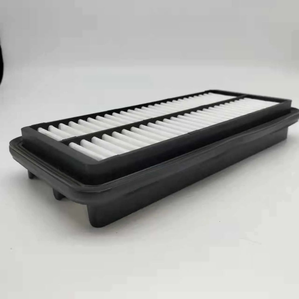 Black polymer car air filter for Hyundai vehicles measuring 256mm x 113mm x 40mm