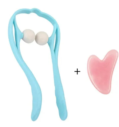 Plastic handheld neck and shoulder massager with adjustable width and roller head in pink, blue, and green colours.