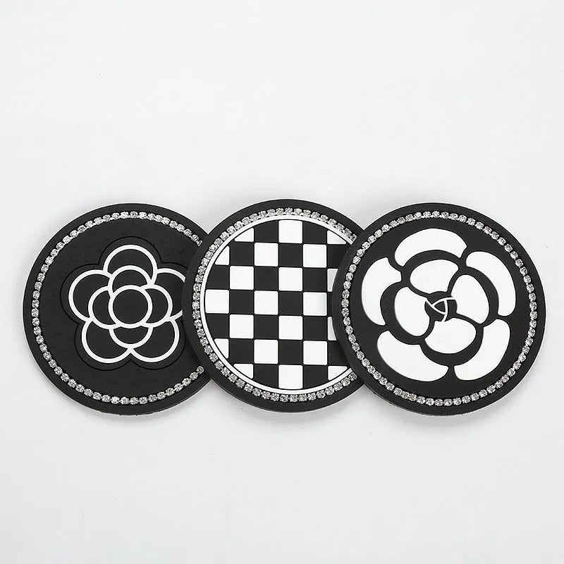 Black and white checkerboard PVC car cup holder insert mat for centre console