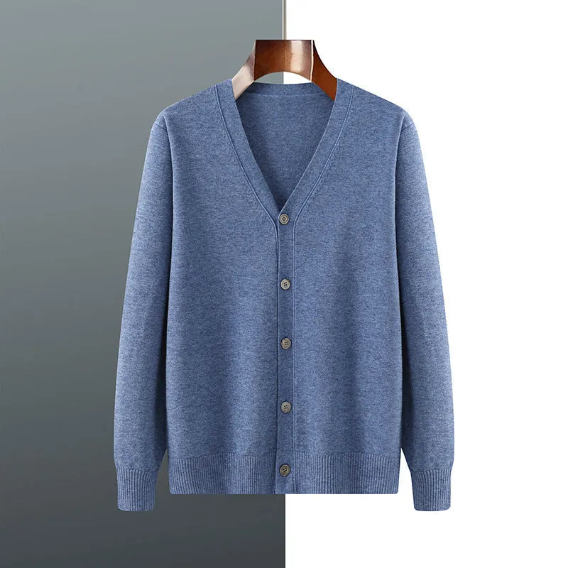 Man modelling a loose V-neck cardigan coat in Andy Velvet knitted fabric.