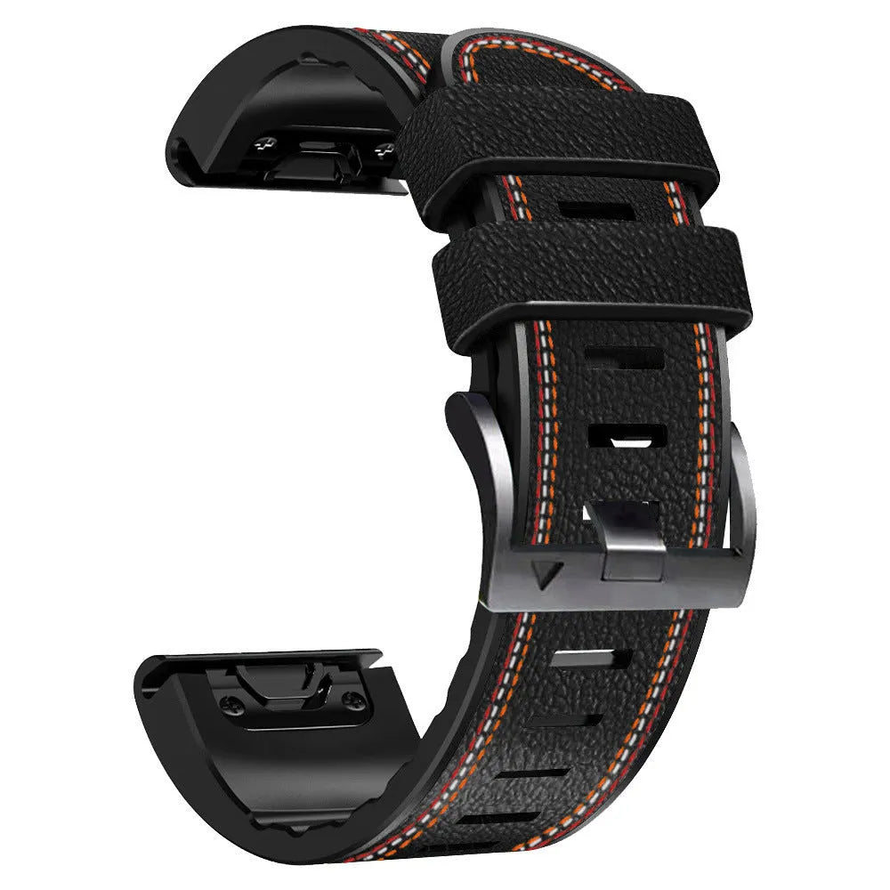 Garmin Fenix quick release silicone leather watchband in black, showing strap and quick release spring bars