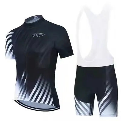 Cycling jersey and shorts set for summer bike riding with moisture wicking properties
